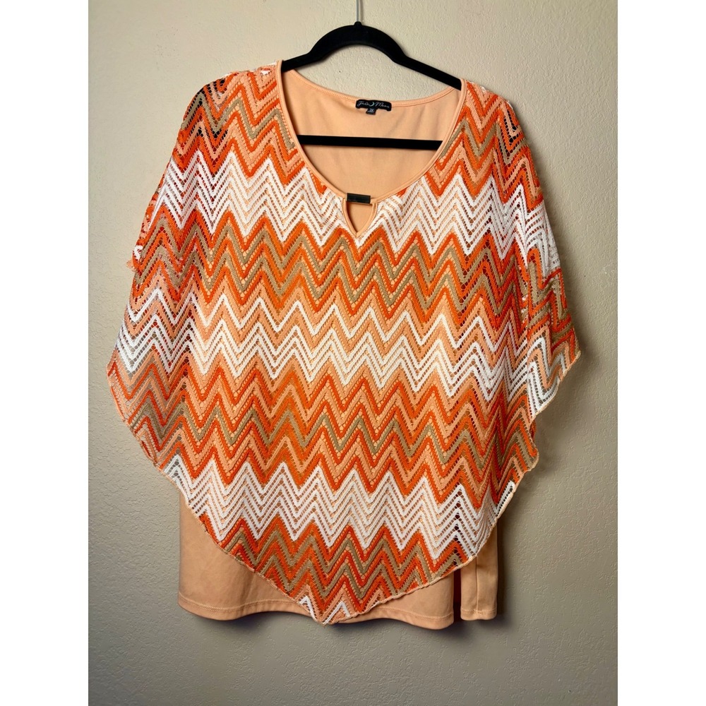 Jade Moon Orange Chevron Crochet Poncho Layered Blouse orange bohoTop3X 19806-ZX